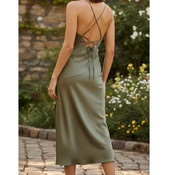 Women’s ASTR The Label Gaia Cowl Neck Satin Olive Green Dress Size Small - Picture 2 of 8
